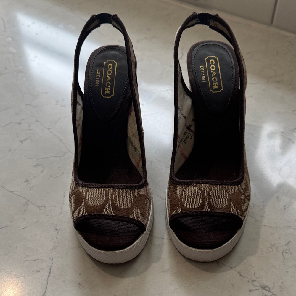 Coach Tan and Brown Peep-Toe Wedges